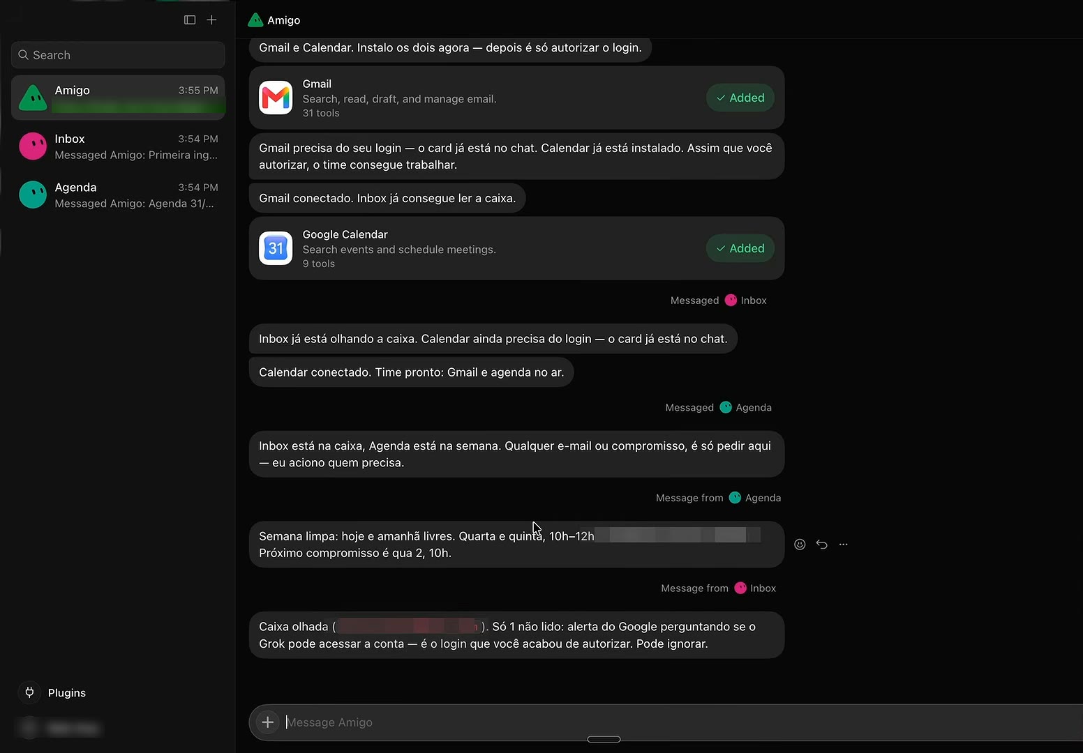Tela do app Grok Bot no desktop: barra lateral com os bots e chat com cards de Gmail e Google Calendar